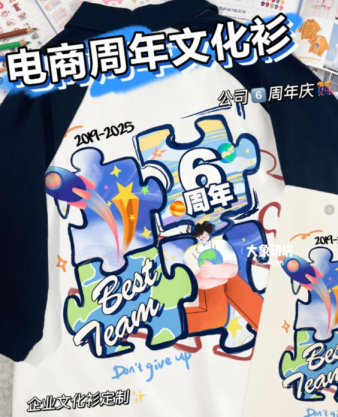 跨境电商6周年纪念：扁平化简笔画地球火箭文化衫设计